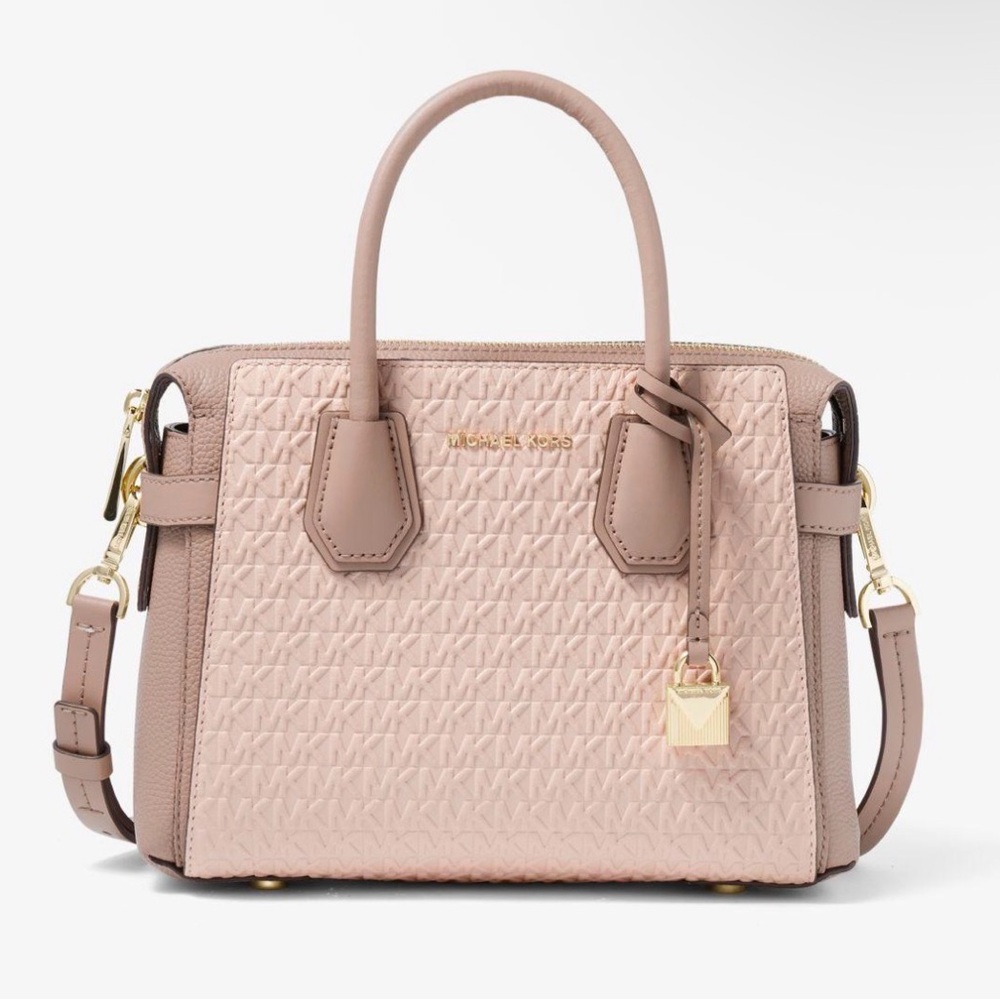 Michael Kors Mercer Logo Medium Pebbled Leather Belted Satchel in Mauve Pink